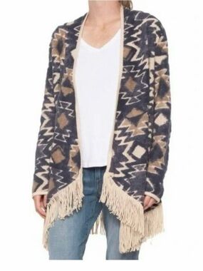 Lucky Brand Aztec Fringe Open-Front Cardigan - Navy & Tan